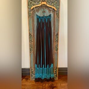 NEW BoHo Beaded Halter Maxi Dress in Chocolate & Teal Size S